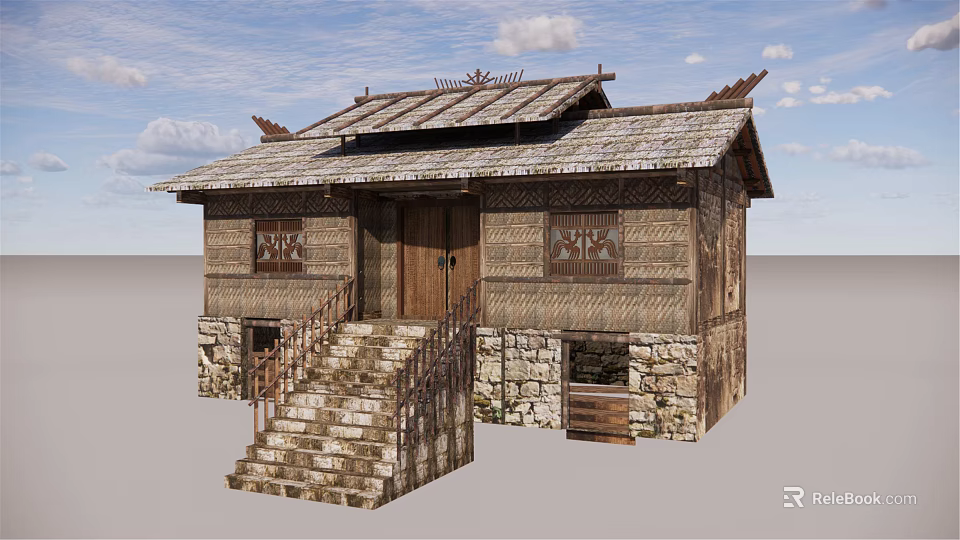 Traditional Rural Self Built House With Wooden Structure Tile Roof And Stone Steps 3d model 