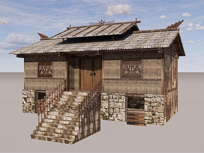 Traditional Rural Self Built House With Wooden Structure Tile Roof And Stone Steps 3d model