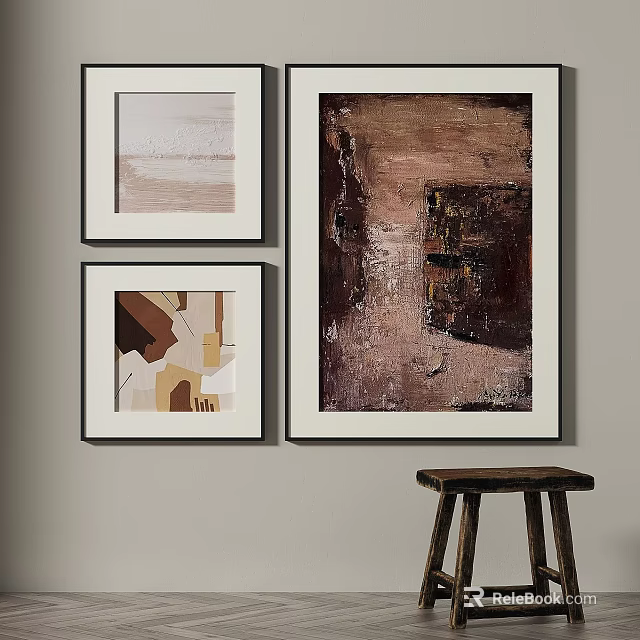 Three Modern Framed Abstract Paintings With Neutral Tones And Geometric Shapes For Interior Wall Decor 3d model 