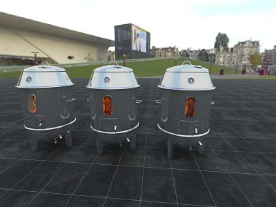 Three Portable Metal Outdoor Stoves With Wheels In Open Urban Area 3d model
