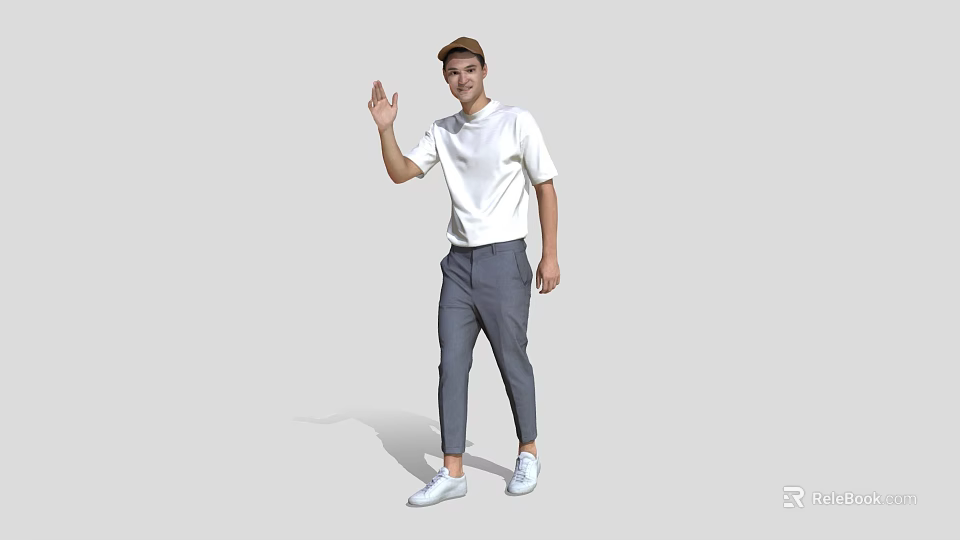 A Man Wearing Hat White Short Sleeve Shirt Gray Pants And White Shoes Waving Hand 3d model 