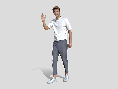 A Man Wearing Hat White Short Sleeve Shirt Gray Pants And White Shoes Waving Hand 3d model