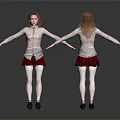 Two female characters standing back to back with white shirts red plaid skirts arms outstretched