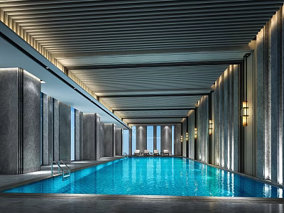Modern Indoor Swimming Pool Interior Design With Blue Water Gray Paneled Walls And Striped Ceiling 3d model