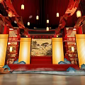 Chinese Style Stage Decorated With Hanging Lanterns Landscape Painting Red Carpet Golden Pillars And Mist