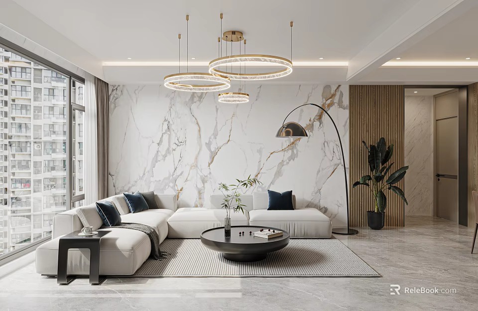 Modern Living Dining Room With Marble Wall Circular Pendant Lights White Sofa And Floor Lamp 3d model 