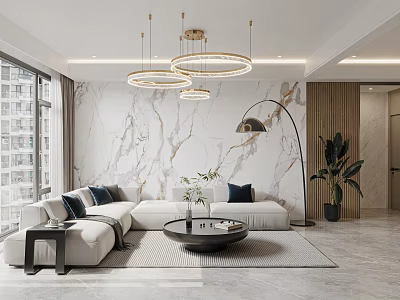 Modern Living Dining Room With Marble Wall Circular Pendant Lights White Sofa And Floor Lamp 3d model