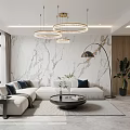 Modern Living Dining Room With Marble Wall Circular Pendant Lights White Sofa And Floor Lamp