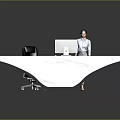 Modern Office Furniture Desk With White Marble Top Curved Design And Chair Setup