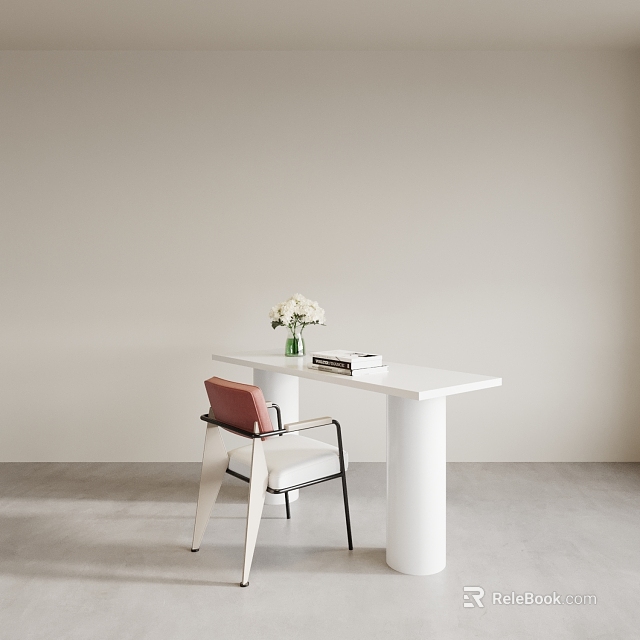 Minimalist White Work Desk with Red Seat Chair Vase of White Flowers and Books 3d model 