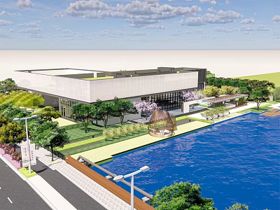 Modern Building Exterior With Waterfront Green Landscape Trees And Pathway 3d model