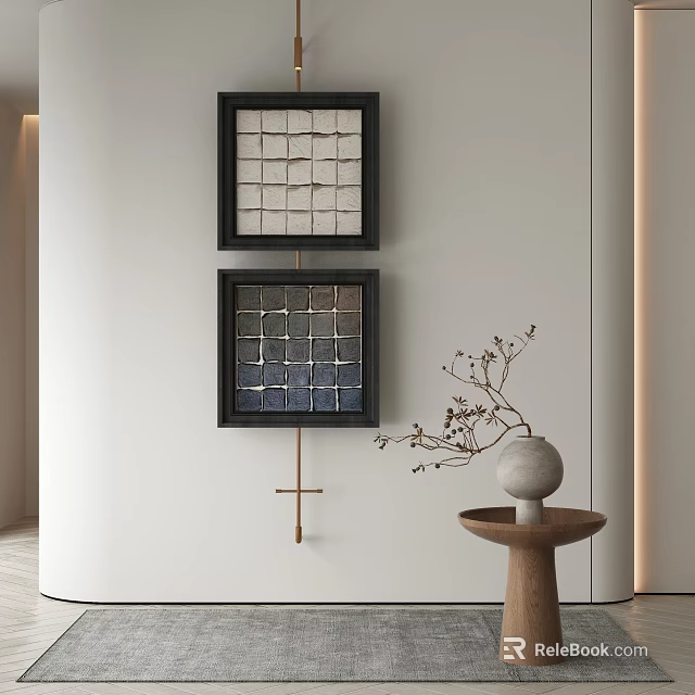 Grid Patterned Sculptural Wall Art With Framed Design And Wooden Table Vase 3d model