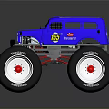 Blue Monster Truck With Large Tires And Chrome Wheels On Reflective Surface
