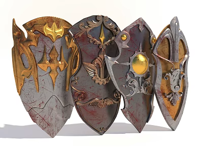 Multiple Medieval Decorative Shields With Intricate Metal Patterns And Golden Accents 3d model
