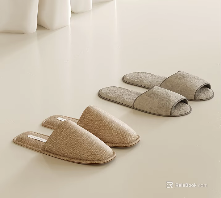 Comfortable Linen Slippers In Light Brown And Gray For Indoor Home Use 3d model 