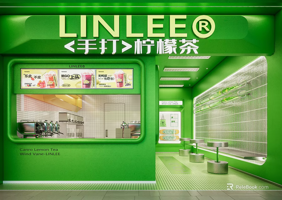 Green Modern Milk Tea Shop Interior With Handcrafted Lemon Tea Counter And Seating Area 3d model 