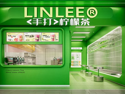Green Modern Milk Tea Shop Interior With Handcrafted Lemon Tea Counter And Seating Area 3d model