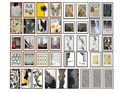 Stylish Wall Art With Diverse Styles Geometric Natural Abstract Patterns And Gold Black Frames 3d model