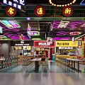 Neon Lit Interior Space With Colorful Signs Tables Chairs And Arrow Floor Markings