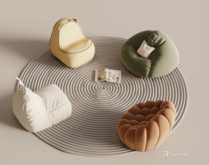 Comfortable Stylish Bean Bag Chairs In Different Colors And Styles On Circular Spiral Rug 3d model 