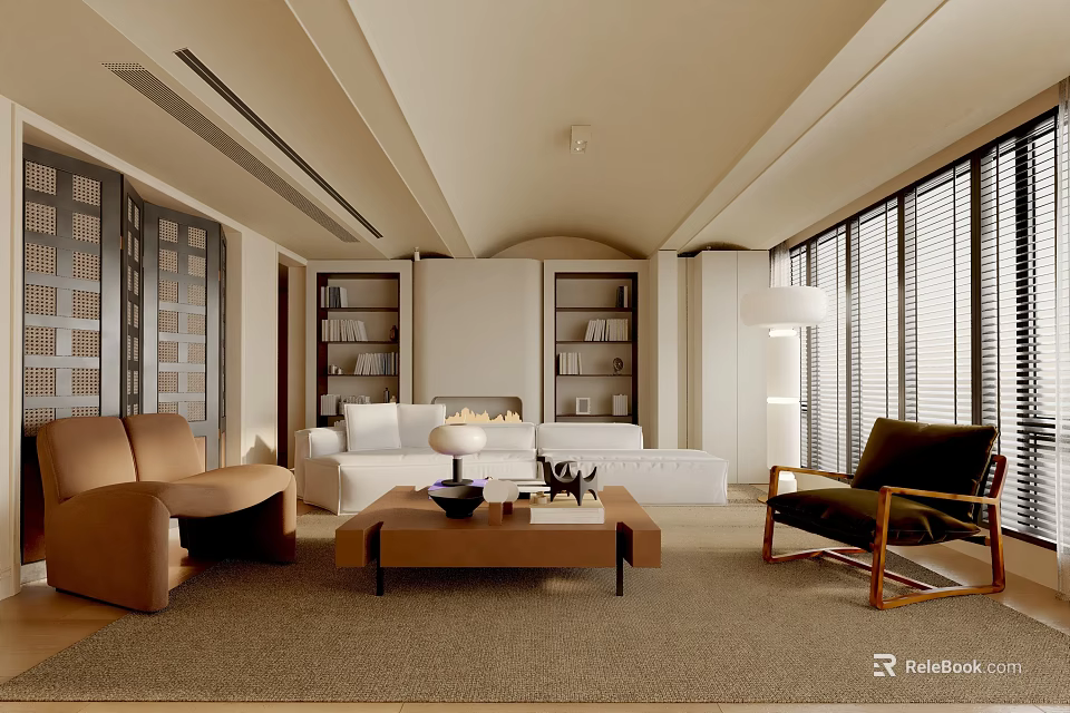 Modern Living Room Interior With Brown White Sofa Wooden Coffee Table Bookshelves Fireplace Large Windows 3d model 