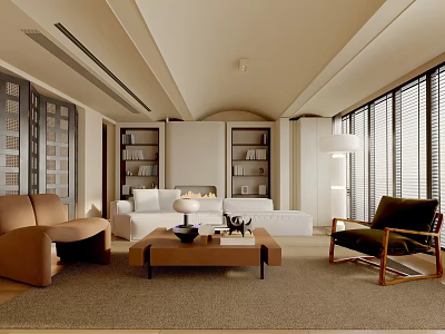 Modern Living Room Interior With Brown White Sofa Wooden Coffee Table Bookshelves Fireplace Large Windows 3d model