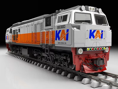 KAI Silver Orange Red Locomotive Train Front View On Rail Tracks With Headlights 3d model