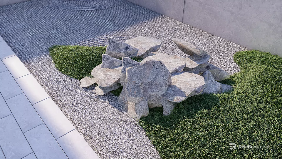 Natural Stone And Wood Outdoor Landscape With Stacked Rocks Green Grass And Gravel 3d model 