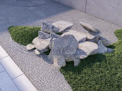 Natural Stone And Wood Outdoor Landscape With Stacked Rocks Green Grass And Gravel 3d model
