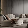 Modern Curved Sofa Coffee Table Set In Living Room With Cushions Armchair And Wooden Wall