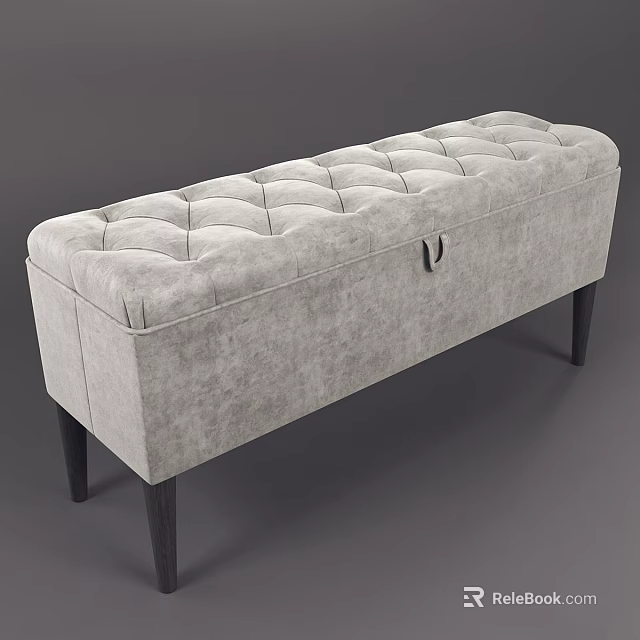 Gray Tufted Storage Bench Upholstered in Fabric with Black Wooden Legs and Metal Handle 3d model 