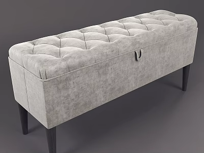 Gray Tufted Storage Bench Upholstered in Fabric with Black Wooden Legs and Metal Handle 3d model