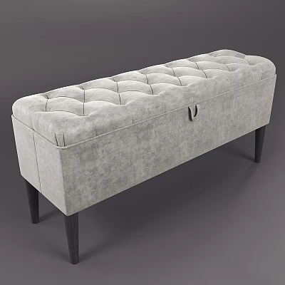 Gray Tufted Storage Bench Upholstered in Fabric with Black Wooden Legs and Metal Handle 3d model