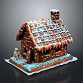 Gingerbread House with Frosting Decorated Roof Colorful Candies and Small Figurine on White Base