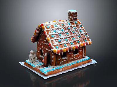 Gingerbread House with Frosting Decorated Roof Colorful Candies and Small Figurine on White Base 3d model