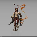 Horned Fantasy Creature Character With Flame Ribbons Holding Lantern Staff And Red Pants