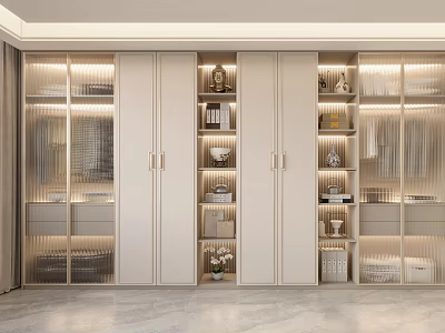 Elegant Modern White Wardrobe with Glass Doors Open Storage Compartments and LED Strip Lights 3d model