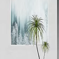Abstract Wall Art With Blue Green Tones And Potted Palm Plants For Modern Interior