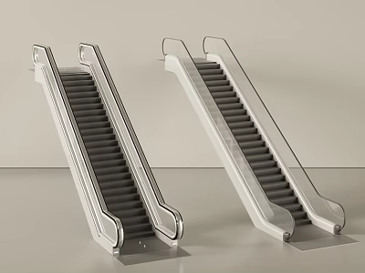 Modern Escalators With Metal Handrails Glass Side Panels And Gray Steps 3d model