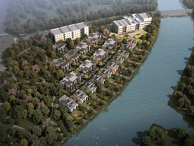 Detached Villas Riverside Scenic Landscape With Lush Trees And Waterfront View 3d model