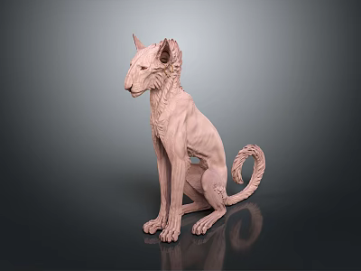 Pink Textured Dog 3D Model in Sitting Posture with Curled Tail on Dark Reflective Background 3d model