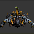 Mythical Character And Armored Creature With Intricate Spiked Armor Ornate Headpiece Blue Orange Accents