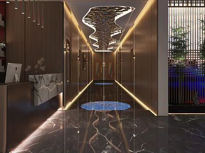 Modern Elevator Hallway Design With Marble Floor Illuminated Ceiling And Glass Doors 3d model