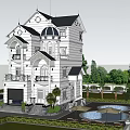 European Style Detached Villa With White Exterior Black Roof Grand Gate And Swimming Pool