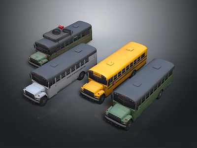 Four Assorted School Buses With Yellow Gray Green And Dark Gray Exteriors 3d model