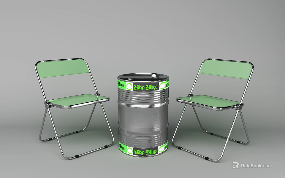 Green Folding Chairs With Metal Barrel Table Set Featuring Green Labels 3d model 
