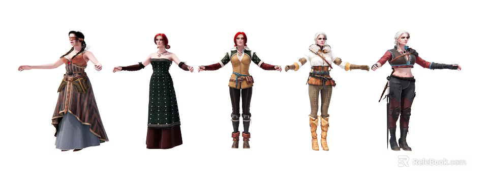 Three Female Game Movie Characters With Unique Fantasy Adventure Costumes 3d model 