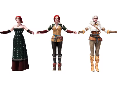 Three Female Game Movie Characters With Unique Fantasy Adventure Costumes 3d model