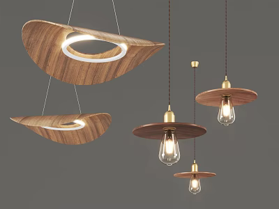 Modern Pendant Lights With Wooden Shades Brass Accents And Unique Shapes 3d model