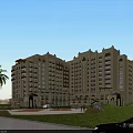 Elegant Office Building Exterior With Classical Design Landscaped Gardens Palm Trees And Fountains